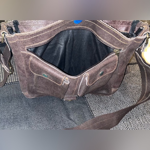 🍫 GUC distressed leather / suede unisex messenger bag rows of pockets 💼 🤩 - Picture 7 of 11